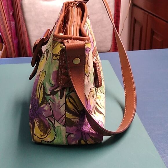 Caribbean Joe Purple and Brown Floral Shoulder Bag with Leather Accents - Picture 3 of 11